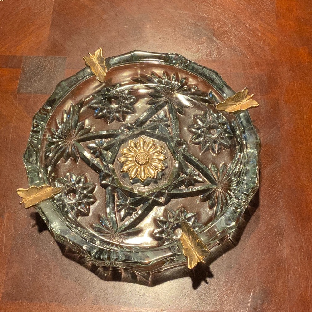 MCM Vintage Anchor Hocking Ashtray Crystal Glass and Gold-tone Embellishments